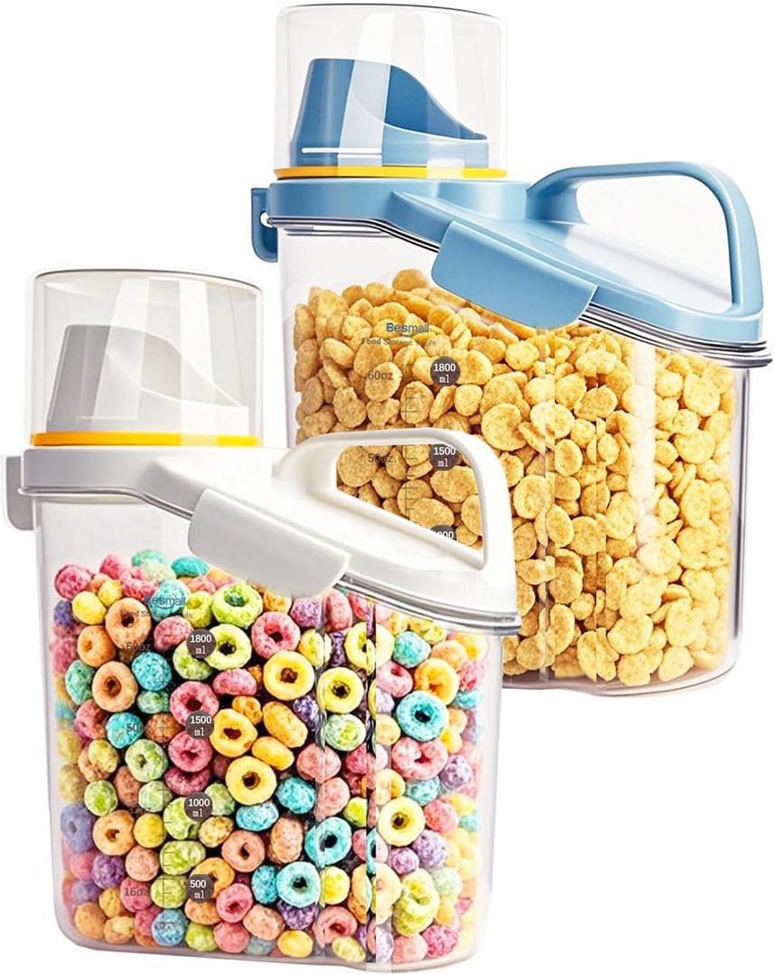 Cereal Containers Storage Small Food Storage Containers with Pour Spout, Measuring Cup for Rice Flour Sugar Dog Cat Dry Food Dispenser Plastic Kitchen Airtight Canister 1.8L BPA Free ((2pcs-Small ) White-Blue-1800ml)
