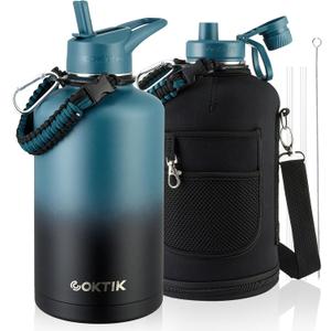 COKTIK 84oz Insulated Water Bottle - Stainless Steel Vacuum Metal, Portable Gallon Large-Capacity Sports Bottle with Straw, Carry Bag and Handle Strap, Ideal for Gym & HikingDark Night)