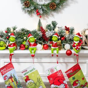 Christmas Stocking Holders for Mantel Set of 4, Weighted Stocking Holders Hook for Mantel Fireplace, Hand-Painted Green Xmas Monster Cute and Funny Thief Stole Decorations for Home Indoor
