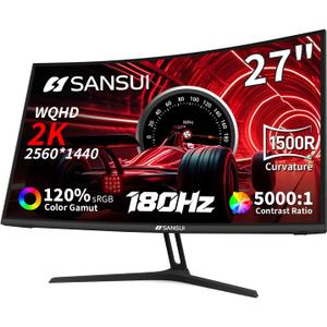 SANSUI 27 Inch WQHD 2560X1440 Curved Gaming Monitor, 180Hz MPRT 1ms Computer Monitor,HDMI2.0 * 2, DP1.2 * 2, Freesync, Curved 1500R, 5000:1 Contrast Ratio, 120% sRGB,HDR(ES-G27C1Q DP Cable Included)