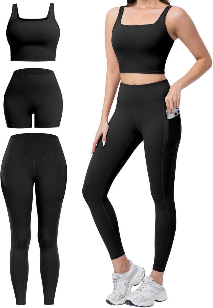 3 Piece Workout Sets for Women High Waisted Leggings with Pockets Tummy Control Biker Shorts Yoga Sports Bra (Large, Black)