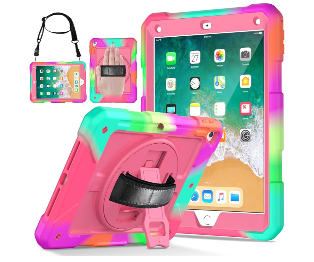 LTROP iPad 6th Generation Case,iPad 5th Generation Case,iPad 9.7 Case,iPad Air 2 Case for Kids,Shockproof Case with Pencil Holder/360 Rotating Stand/Hand Strap for iPad 2018/2017 9.7 inch, Pink