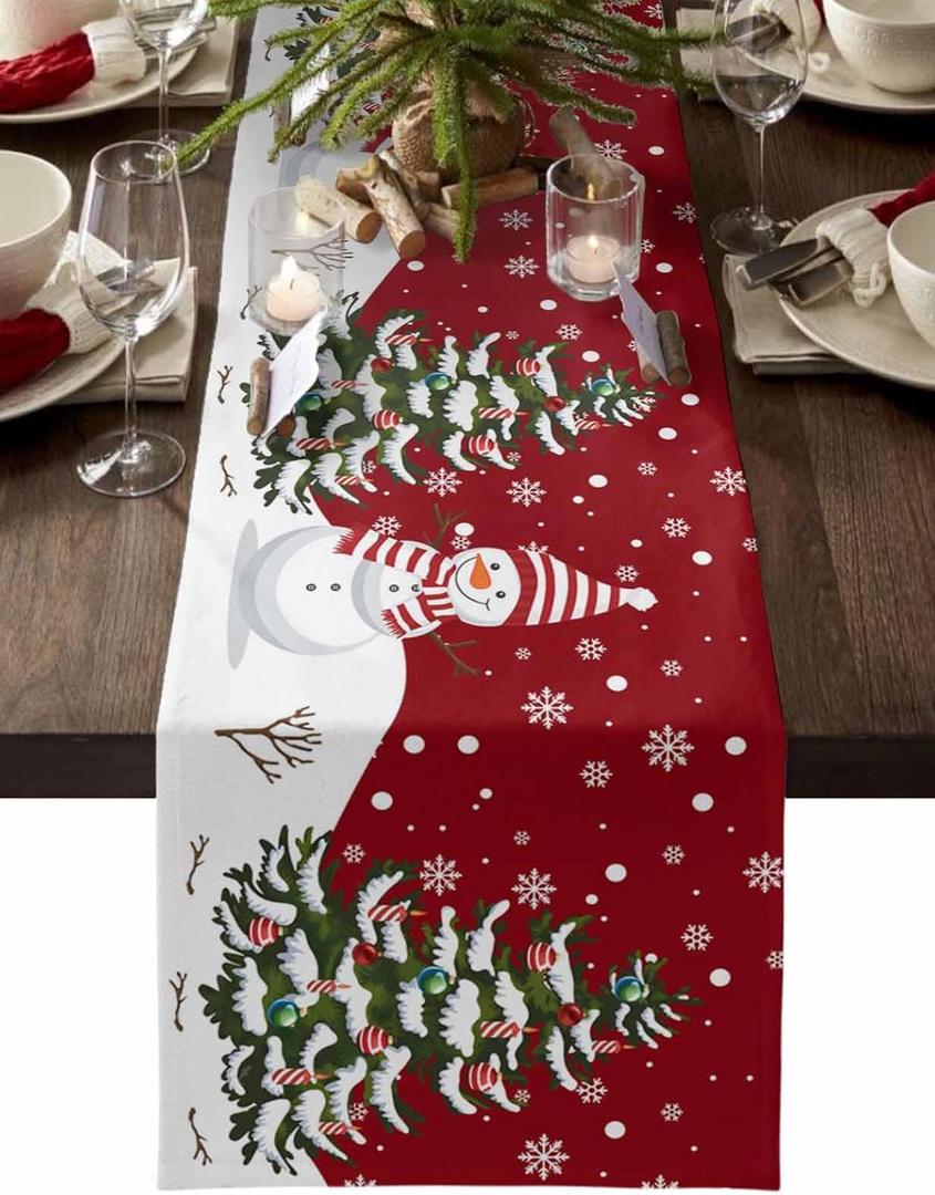 Christmas Table Runner - Cotton Linen 48 Inches, Snowman Rustic Red Snowflake Bed Runner Dress Scarves, Farm Xmas Tablerunner for Dining/Holiday/Coffee Table 13" x 48"