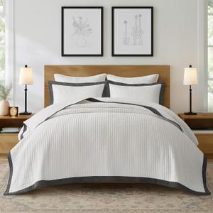 EVERGRACE Cotton Border Frame Tack-Stitch Quilt Bedding Set King Size, Coastal Oversized 3 Pieces Lightweight Bedspread Coverlet for All Season, with 2 Matching Shams, Washed Black (KING/CAL KING (108" x 96"))