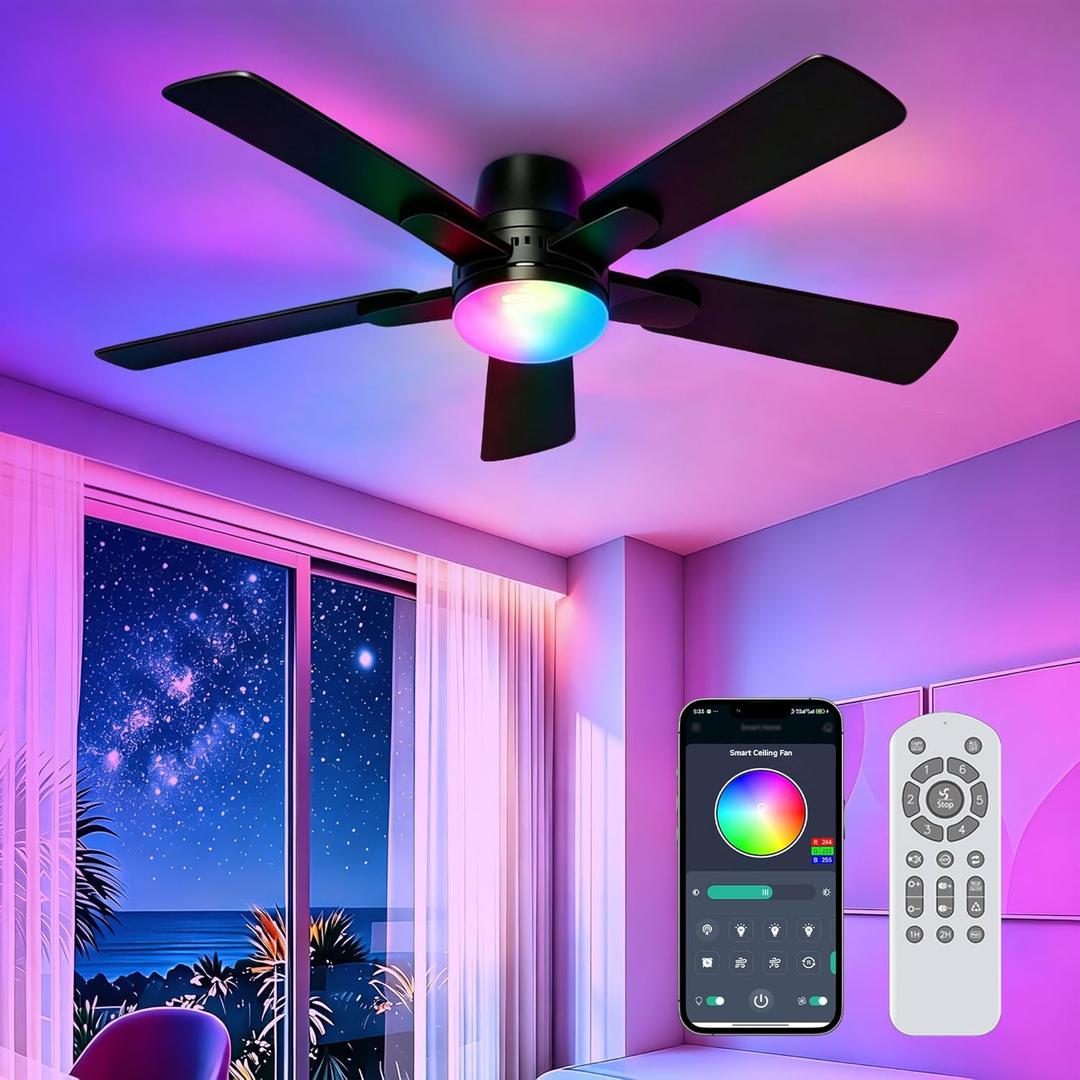 42" RGB Ceiling Fans with Lights, Low Profile Ceiling Fan with Light, RGB+3CCT 6 Wind Speeds, App & Remote Control, Flush Mount LED Fan Light, Fandelier Ceiling Fan for Bedroom, Living Room