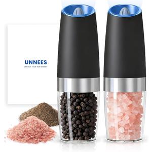 UNNEES Battery Operated Gravity Electric Salt and Pepper Grinder Set, Automatic Salt and Pepper Grinder Set, Adjustable Roughness,12 Batteries Required, LED Light, 2 Pack, (Black)