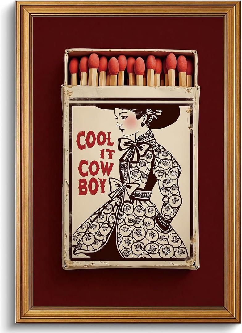 XJYISUO Vintage Gold Framed Wall Art Western Cowboy Wall Decor Southwestern Cowgirl Canvas Art Red Matchbox Pictures Burgundy Paintings Trendy Artwork for Living Room Bedroom Dorm