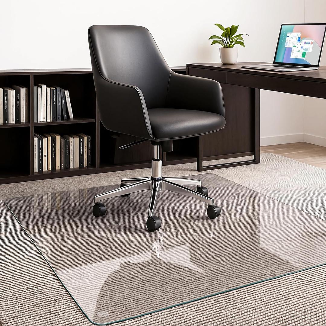 JAMBALAY 5546 Tempered Glass Office Chair Mat, Thick 0.2 Heavy Duty Glass Floor Mat for Carpet and Hard Floors, with Anti-Slip Pads, Polished Edges and Round Corners, Easy Roll On