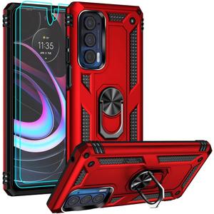 Androgate Compatible with Motorola Moto Edge 2021 Case - Moto Edge 5G UW Case with HD Screen Protectors, Military-Grade Metal Ring Kickstand, 15ft Drop Tested Shockproof Cover, Red