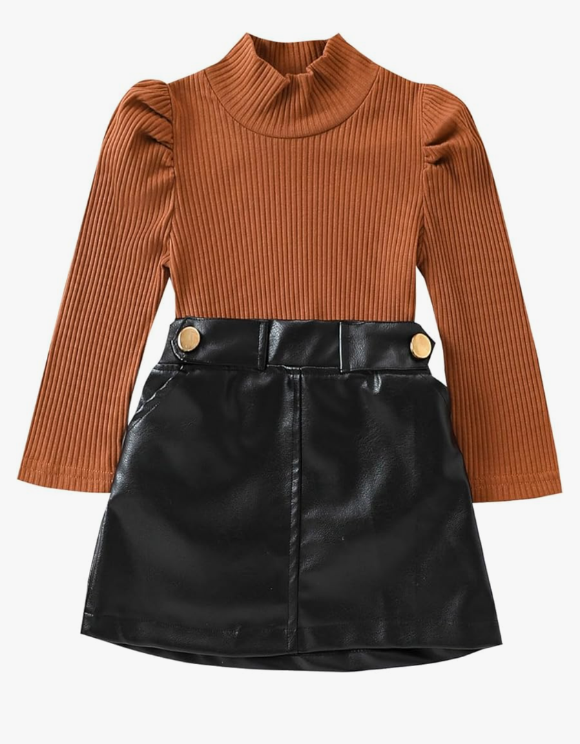 Kaipiclos Toddler Baby Girl Skirt Outfit Solid Color Long Sleeve Turtleneck Knit Sweater + Mini Skirt Fall Winter Clothes, 120 CM