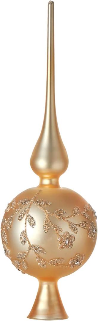 Glass Spherical Christmas Tree Topper Finial Christmas Ornaments with Carved Flowers Holiday Indoor Suitable for Home Party Decoration, 9.8inches, Golden