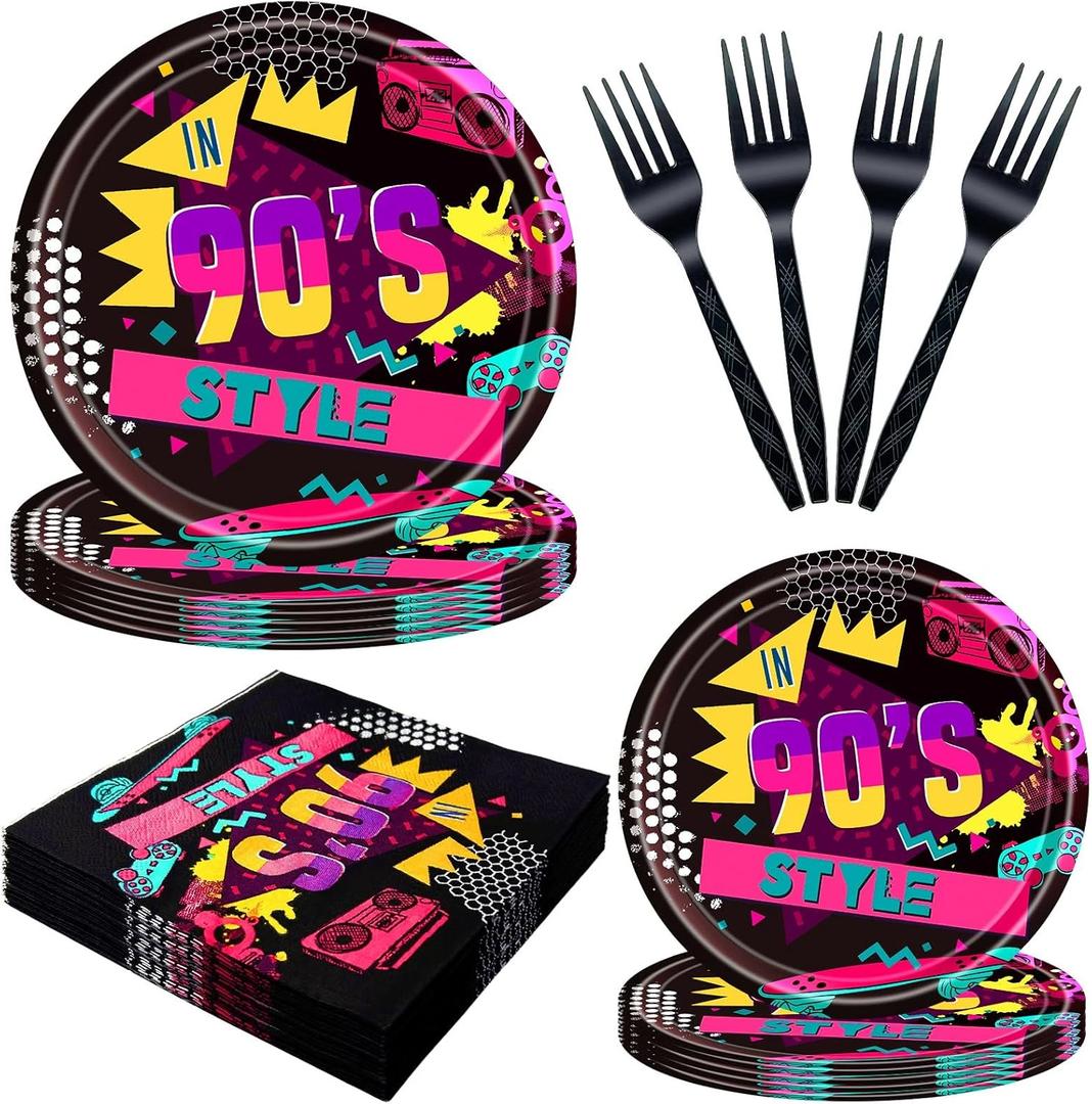 96 PCS Back to the 90s Party Decorations Supplies, Birthday Party Tableware Set 90s Party Dessert Plates Napkins Forks for 24 Guests 80s Favors