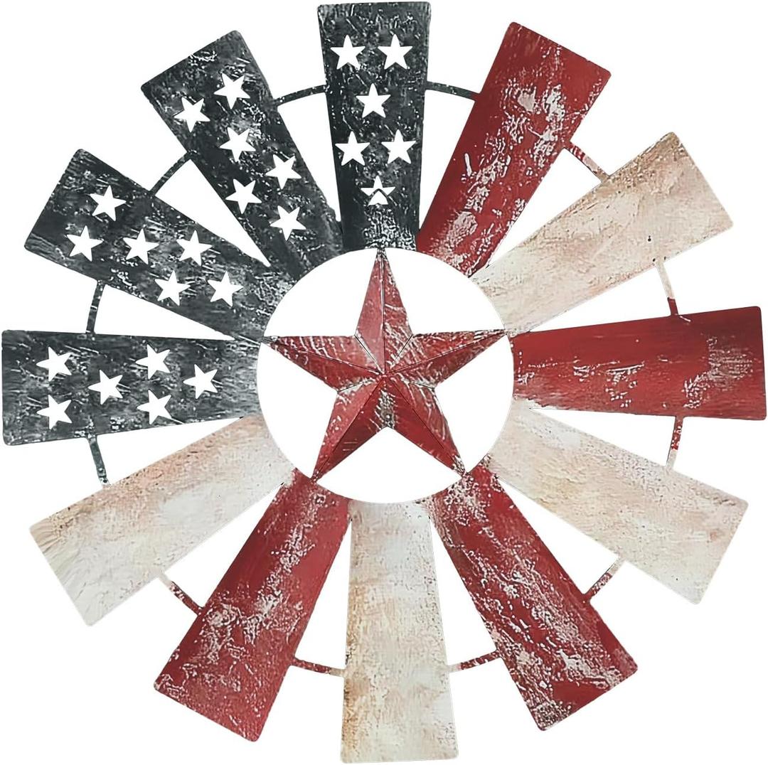 Lineshading 21" Metal Patriotic Decorations Rustic Farmhouse Wall Art Decor Windmill Outdoor 250th Anniversary Stars Red Blue White 4th of July Independence Day for Home Garden Lawn Porch