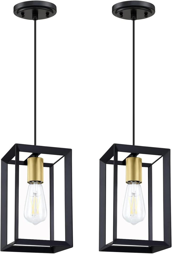 2 Pack 1 Light 5.7 Inch Hanging Gold Farmhouse Indoor Kitchen Island Black Gold Lantern Cage Finish Pendant Light for Kitchen Island Over Sink Dining Room Adjustable Length UL Certification
