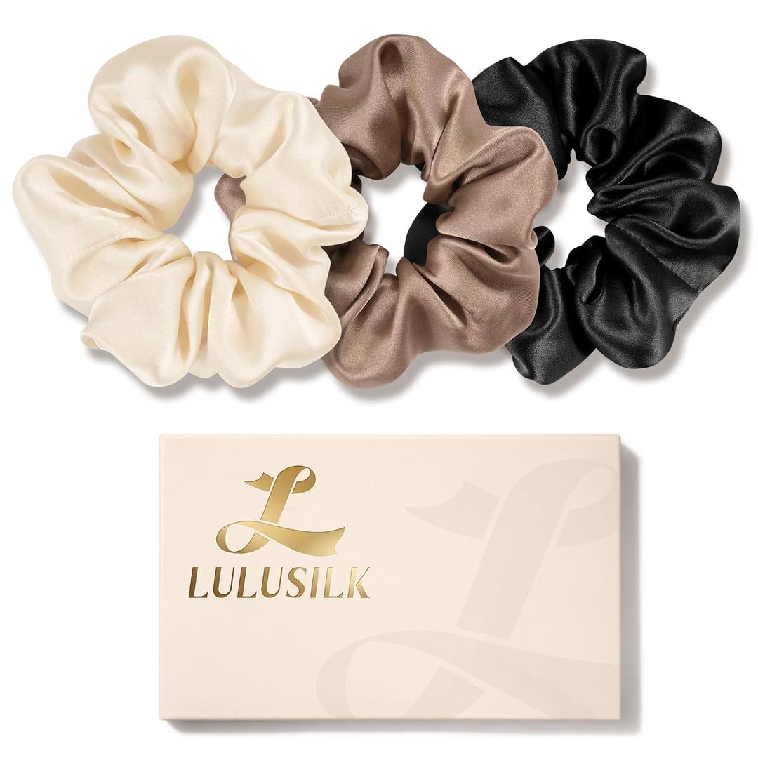 LULUSILK Silk Scrunchies for Hair Sleep, 100% Real Mulberry Silk, No Damage Hair Ties for Women and Girls, Basic Collection, Pack of 3 (Black & Ivory & Brown)