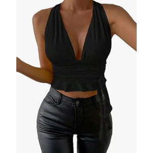 Women Cowl Neck Halter Tops Sexy Draped Front Low Cut Backless Tank Top Ruched Open Back Going Out Crop Tops L