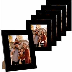 6 Packs 3x4 Picture Frame Black, Engineered Wood 3 x 4 Photo Frame, 3 by 4 Photo Poster Frame for Wall Hanging and Tabletop Set of 6, Black