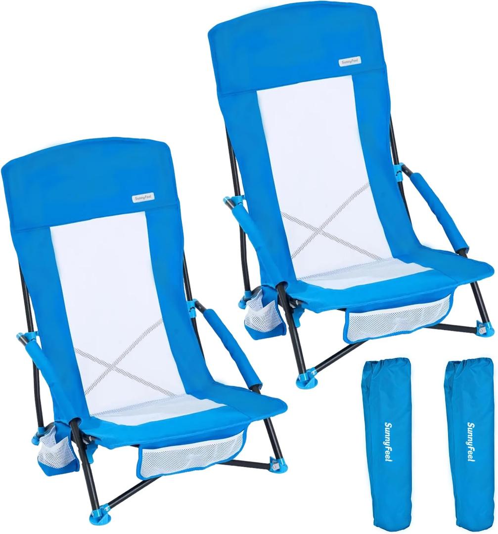 SUNNYFEEL Folding Beach Chair, High Back Beach Chairs for Adults, Lightweight Portable Camp Chair 300lbs Heavy Duty with Carry Bag, Cup Holder for Outdoor Travel Picnic Concert, 2 Pack, Blue