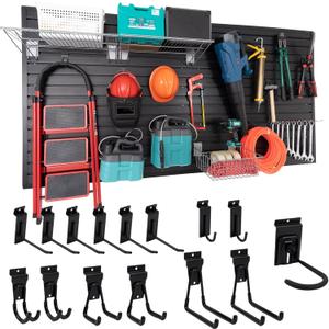 Slatwall Panel Garage Slat Wall Storage Systems with 15 Slatwall Accessories, 4'x8' Black Slat Wall Paneling for Retail Display, Garage Tool Storage, Guitar Shop, Home Storage