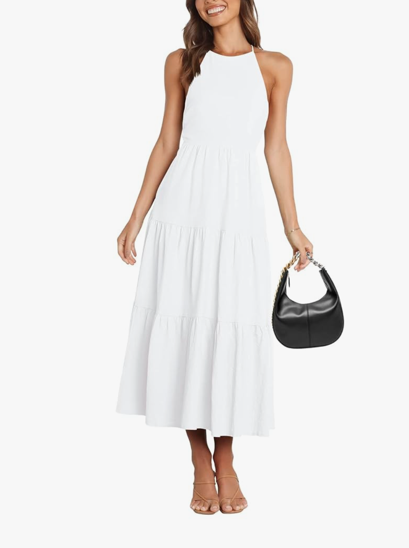Liooil Women's Summer Sexy Halter Neck Spaghetti Strap Open Back Maxi Dress Tiered Long Beach Sun Dresses XS, Whit