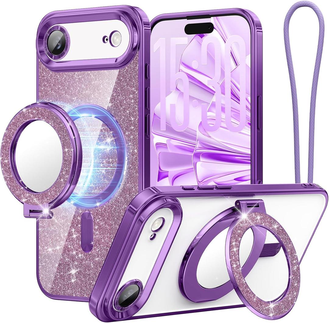 Meifigno Designed for iPhone Air Case with Ring Stand (6.5"), [Built-in Mirror] [Compatible with MagSafe] [Glitter Card & Wrist Strap] Removable Phone Stand +Designed for iPhone 17 Air Case, Purple