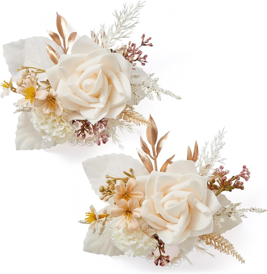 Serwalin Set of 2 Wrist Corsage for Wedding, 6-7 Inch Corsages for Bridesmaid Mother Grandmother, Artificial Flowers for Prom Ceremony Anniversary Cake Topper (Champagne)