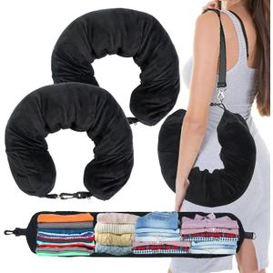1/2PCS Travel Pillow Stuffable with Clothes As Carry-On Luggage Fits Up to 3 Days of Travel Essentials, Multifunctional U-Shaped Pillowcase for Business, Trip, Outdoor (2PCS-Black)