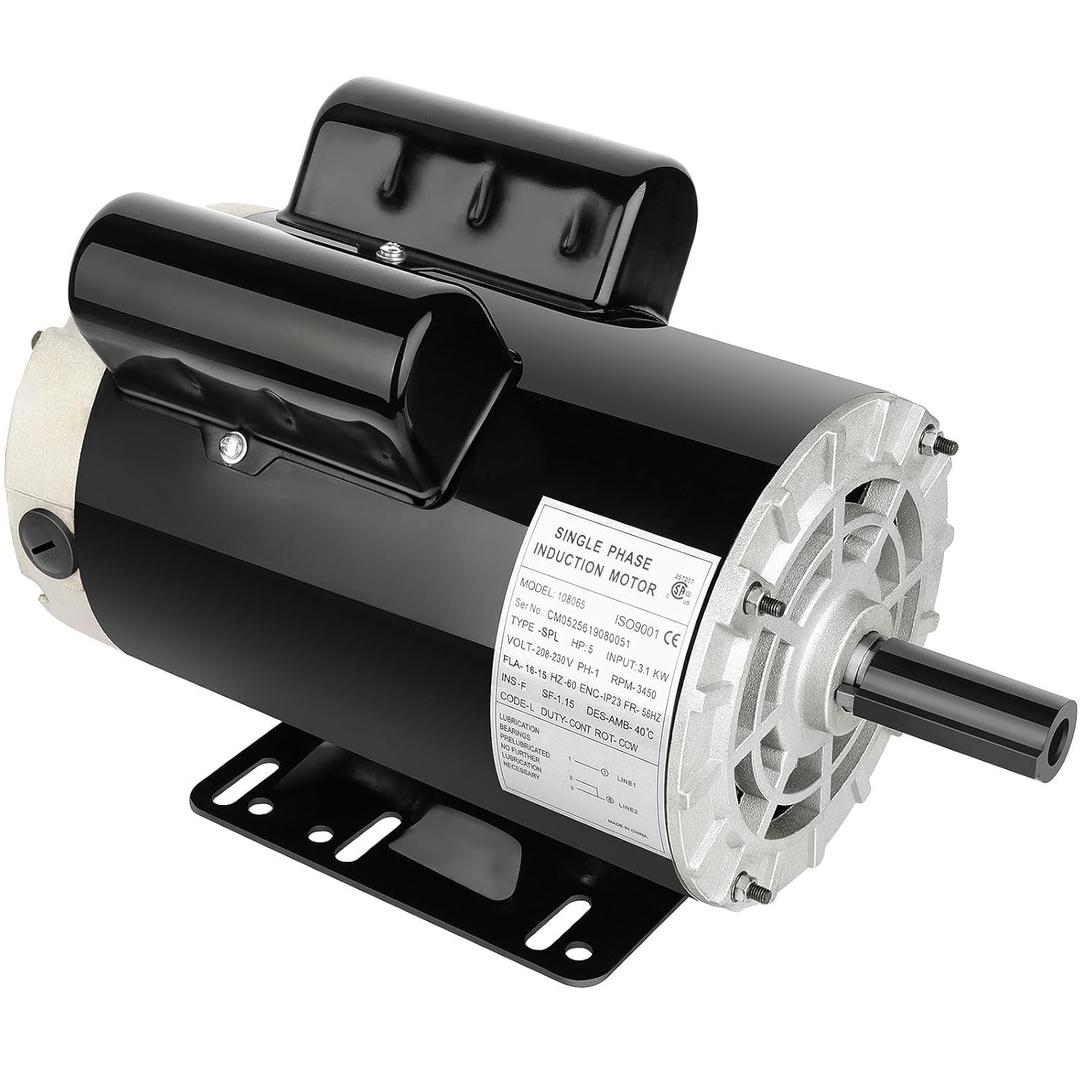 5 HP SPL Air Compressor Motor 3450RPM Single Phase Electric Motor 56 Frame 208-230V 5/8" Shaft Diameter ODP CCW Rolled Steel Shell