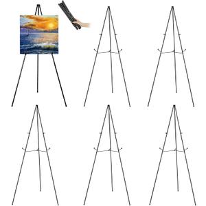63" Tall Display Easel Stand for Wedding Sign Poster, Foldable and Adjustable Floor Metal Easels for Display Painting Arts,with Portable Bag,Holds 5 LBS (Black,6Pack)