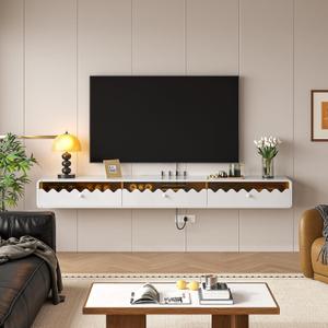 55'' Floating TV Stand with Glass Drawers and Door, Wall Mounted TV Console,Stylish Floatting Entertainment Center Media Console Under TV Shelf for Living Room Bedroom,Fully-Assembled