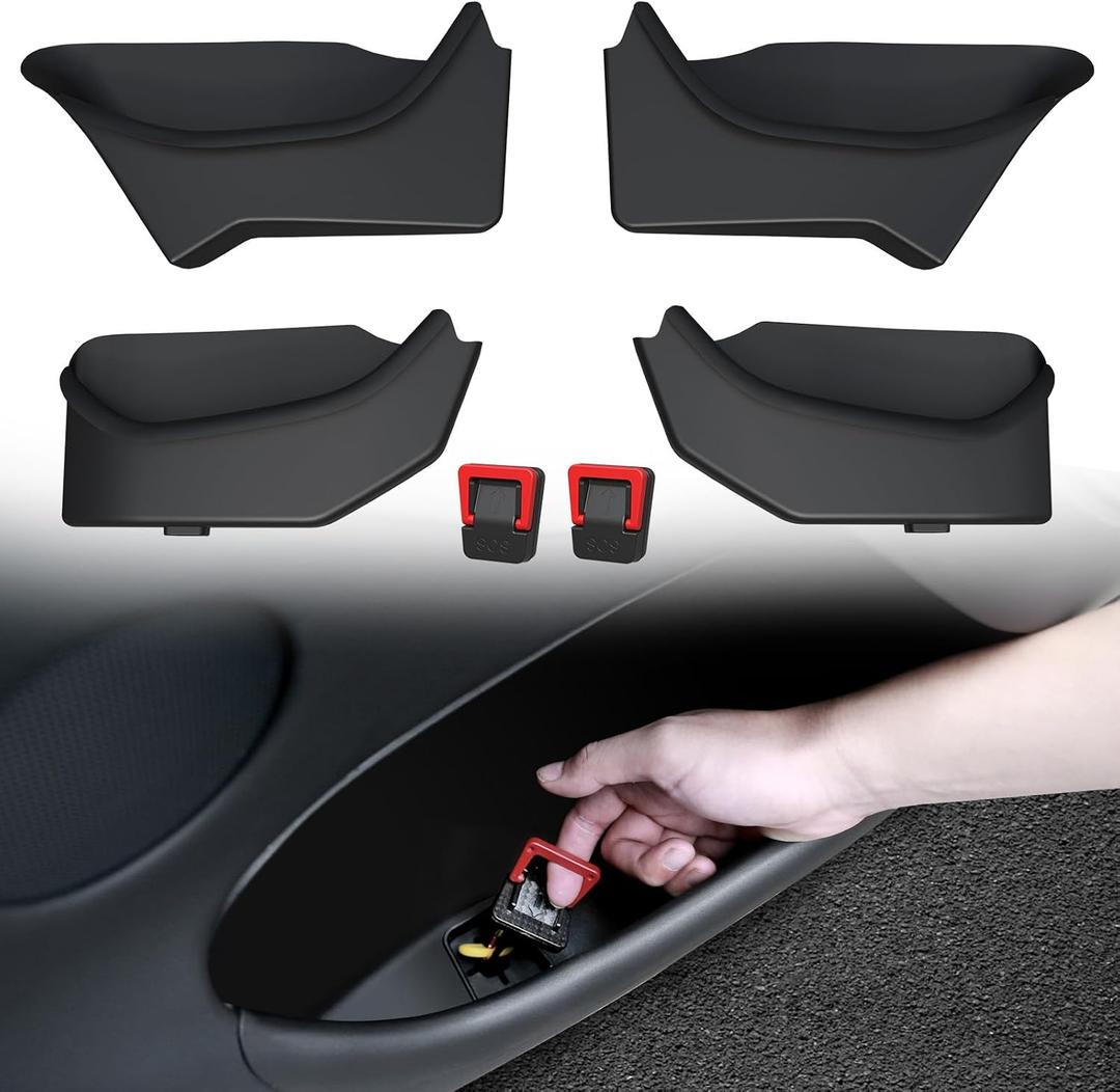 4PCS Door Side Storage Box Full-Wrap Pocket Liner compatible with 2026 2025 Tesla Model Y Juniper Accessories TPE Front and Rear Full Cover Door Side Organizer Tray