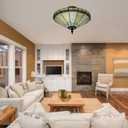 Gdrasuya10 16 inch Tiffany LED Semi Flush Mount Ceiling Light, Stained Glass Lampshade Ceiling Lamp 2-Light Baroque Style Elegant Hanging Light Fixture for Dining Room Bedroom Foyer