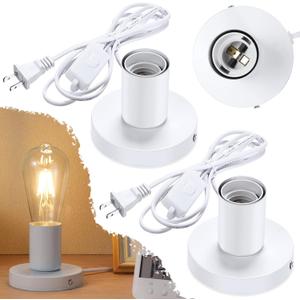 Tuanse 2 Pcs Polished Metal Desktop Lamp Base E26 E27 Screw Light Bulb Holder Sockets Night Light Base Lamp Replacement for Holding Bulb 6 Feet Cord on Off Switch Plug(White)