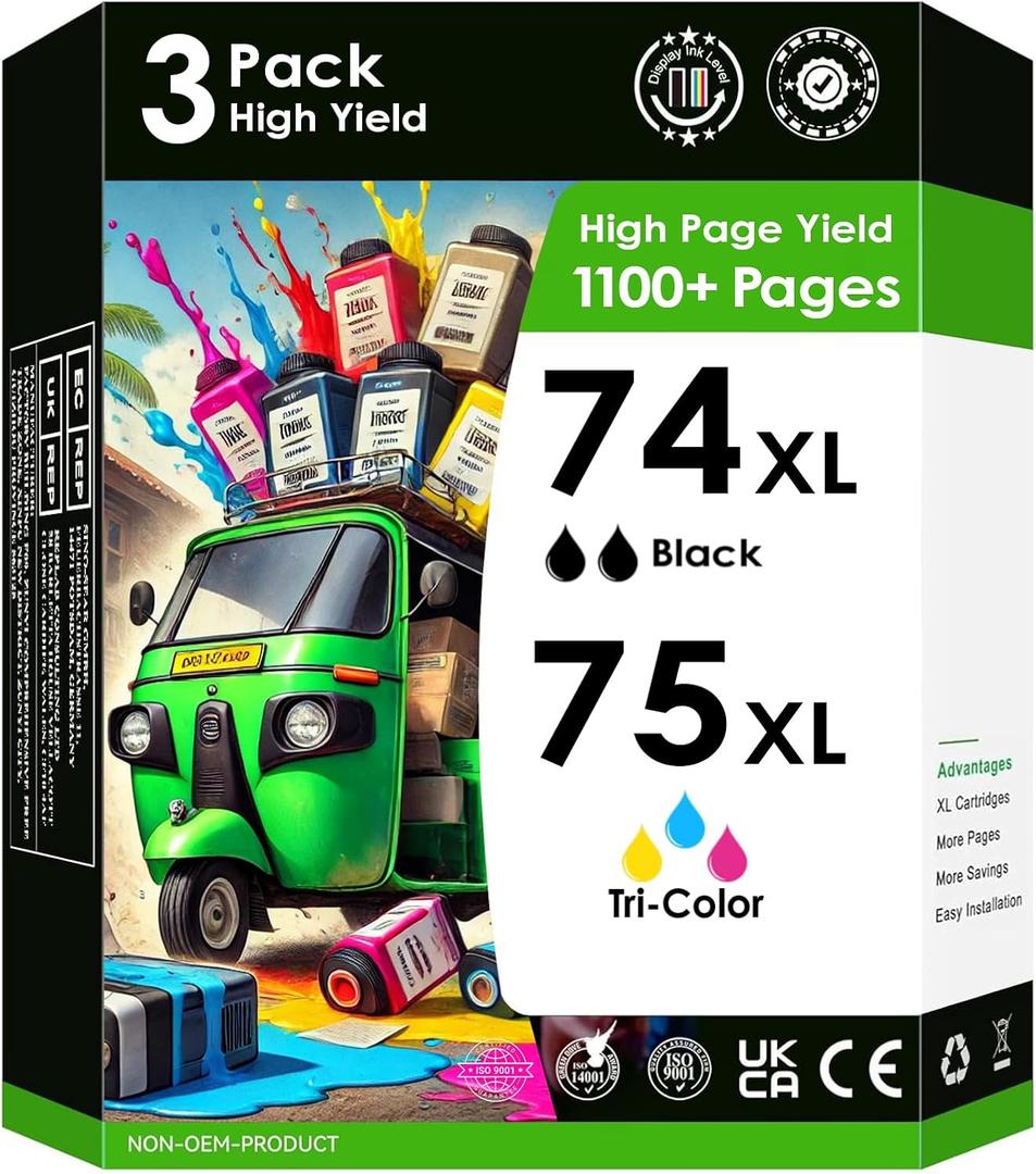 Compatible Ink Cartridge Replacement for HP 74/75XL. Works with Officejet J6480 J5780, Deskjet D4260 D4360 Photosmart C4280 C5280 C4480 Printers. 3 Pack (2 Black, Tri-Color)