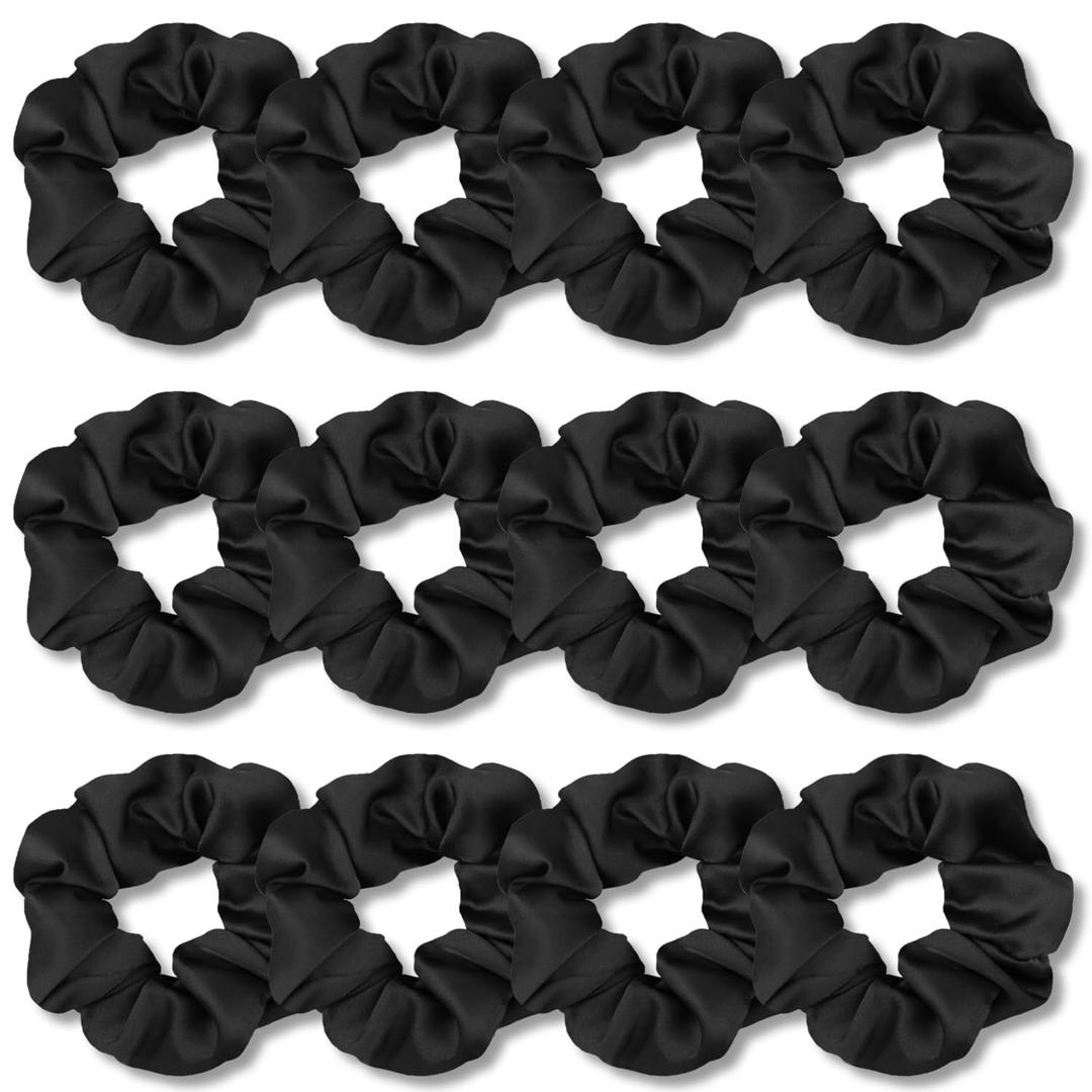 IVARYSS Scrunchies for Hair Sleep, Premium Satin Soft Than Silk for Women Curly Hair, Cute Bands Ties for Girls Thin | Thick Hair Styling, 12 Pack, Black