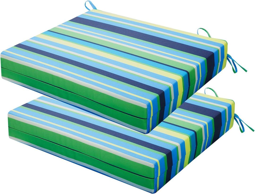 Outdoor Chair Cushions Set of 2, 18.5 x 16 Inch Patio Chair Cushions for Outdoor Furniture, Water Resistant Outdoor Patio Chair Cushions with Non-Slip Ties(Blue & Green Pinstripe)