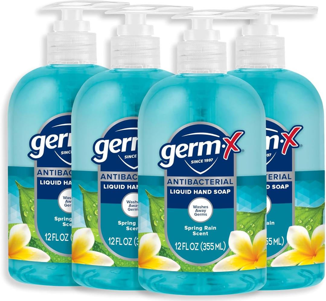 Germ-X Antibacterial Hand Soap, Moisturizing Liquid Hand Wash for Kitchen or Bathroom, pH Balanced & Dermatologist Tested, Back to School Supplies, Spring Rain, 12 oz Pump Bottle (Pack of 4)