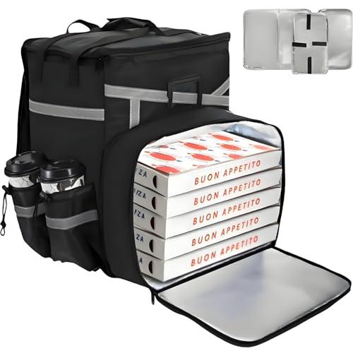 ZAVOOS Food Delivery Backpack, Expandable Insulated Pizza Bag with 4 Cup Holders, Large Waterproof Catering Bag with Reflective Strip Support Boards for Delivery Bike, Doordash