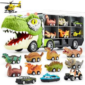 JOYIN 13 in 1 Dinosaur Toys for Kids 3-5, Transport Dinosaur Carrier Truck with 12 Pull Back Cars, Toddler Toys 3-4 Birthday Gifts for 3 4 5+ Year Old Boys