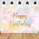 Sensfun Rainbow Birthday Backdrop for Girls Colorful Pastel Clouds Happy Birthday Party Decorations Banner Glitter Sprinkled Gold Dots Watercolor Rainbow Birthday Cake Table Photo Backdrops 7x5ft