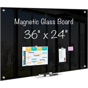 Maxtek Black Magnetic Glass Whiteboard 36 x 24in, Frameless Dry Erase Board