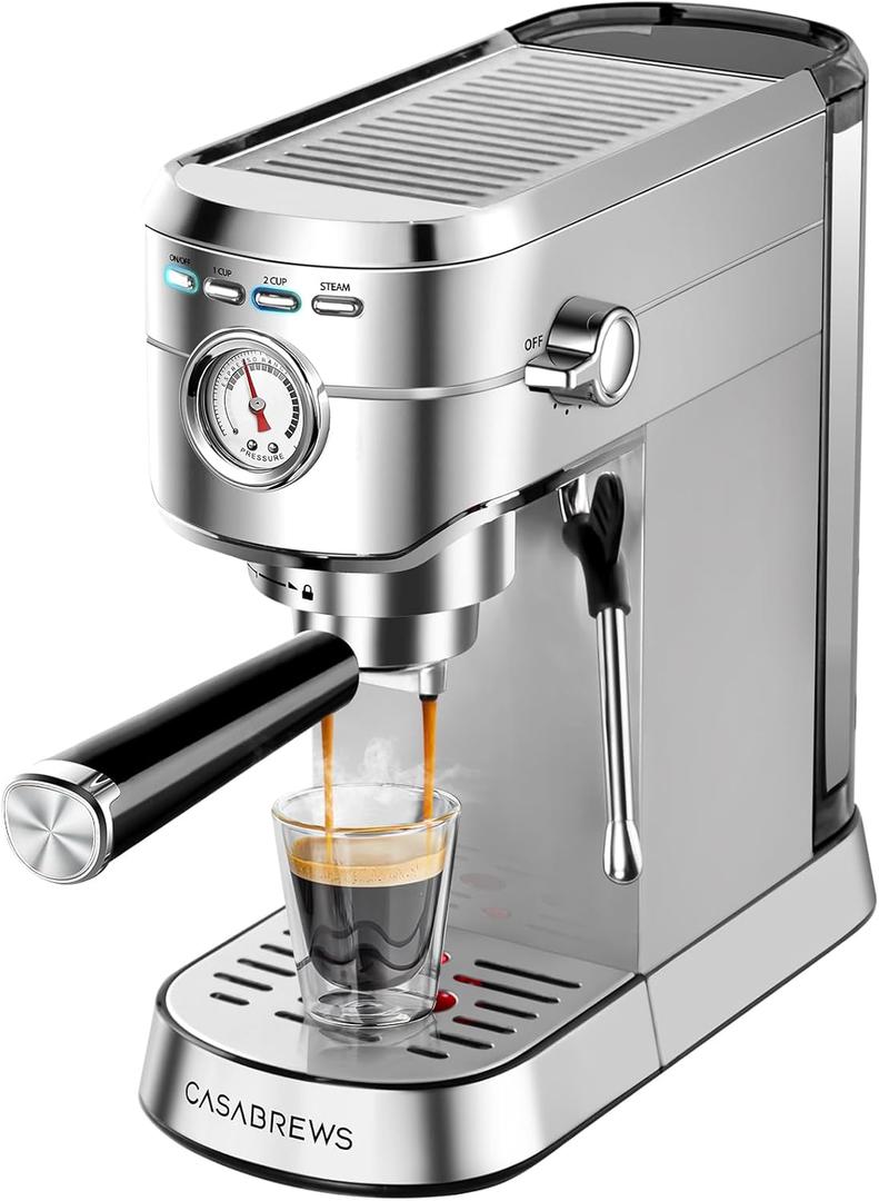 CasaBrews CM5418 Espresso Machine 20 Bar, Compact Espresso Maker with Steam Milk Frother, Stainless Steel Coffee Machine with 34oz Removable Water Tank for Cappuccino, Small Latte Machine, Silver