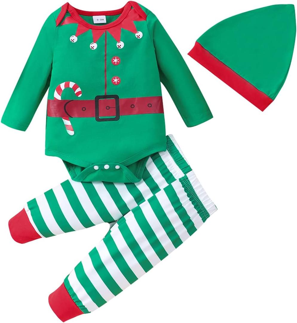 Newborn Baby Boys Girls Christmas Outfit Infant Xmas Romper Elf Santa Clothes, 0-6 Mounths