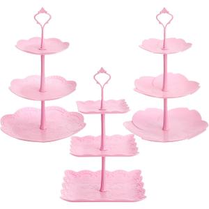 Tosnail 3 Pack 3 Tiers Plastic Cupcake Stand Dessert Stand Tiered Serving Trays with Pink Rod Candy Pastry Holders for Baby Shower, Wedding and Party - Pink Rod