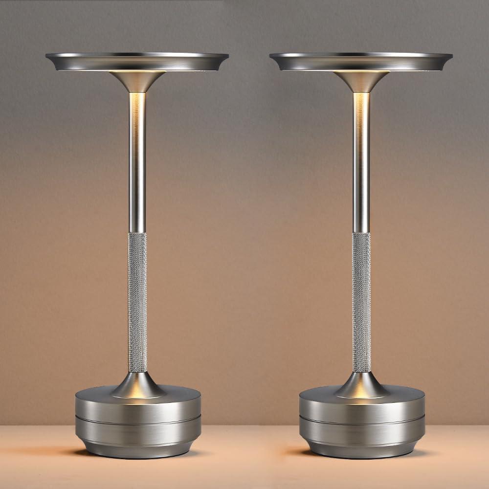 2 Pack Cordless Table Lamp Rechargeable, Outdoor Portable 5000mAh Battery Table Light, 3 Color Stepless Dimming LED Table Light with Memory Function, for Camping/Restaurant/Patio/Dinner/Bar (Silver)
