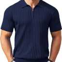 COOFANDY Men's Zipper Polo Shirts Short Sleeve Ribbed Knit Polo T Shirts Fashion Casual Golf Shirts (Medium, Navy Blue)