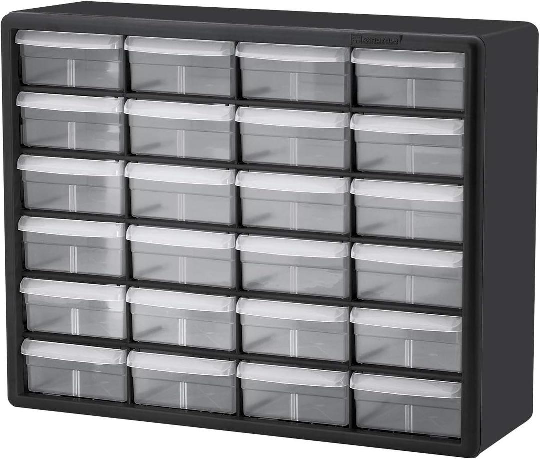Akro-Mils 24-Drawer Plastic Drawer Storage Cabinet for Garage Organization, Bead Organizer, Building Bricks Storage, Teacher Toolbox, Makeup Organizer, 20" W x 6" D x 16" H, 10724 Black