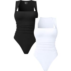 OQQ Women’s Square Neck Sleeveless Bodysuit Shapewear Tank Top Stretchy Slim Fit Bodycon Top for Going Out 2 Pack,XL