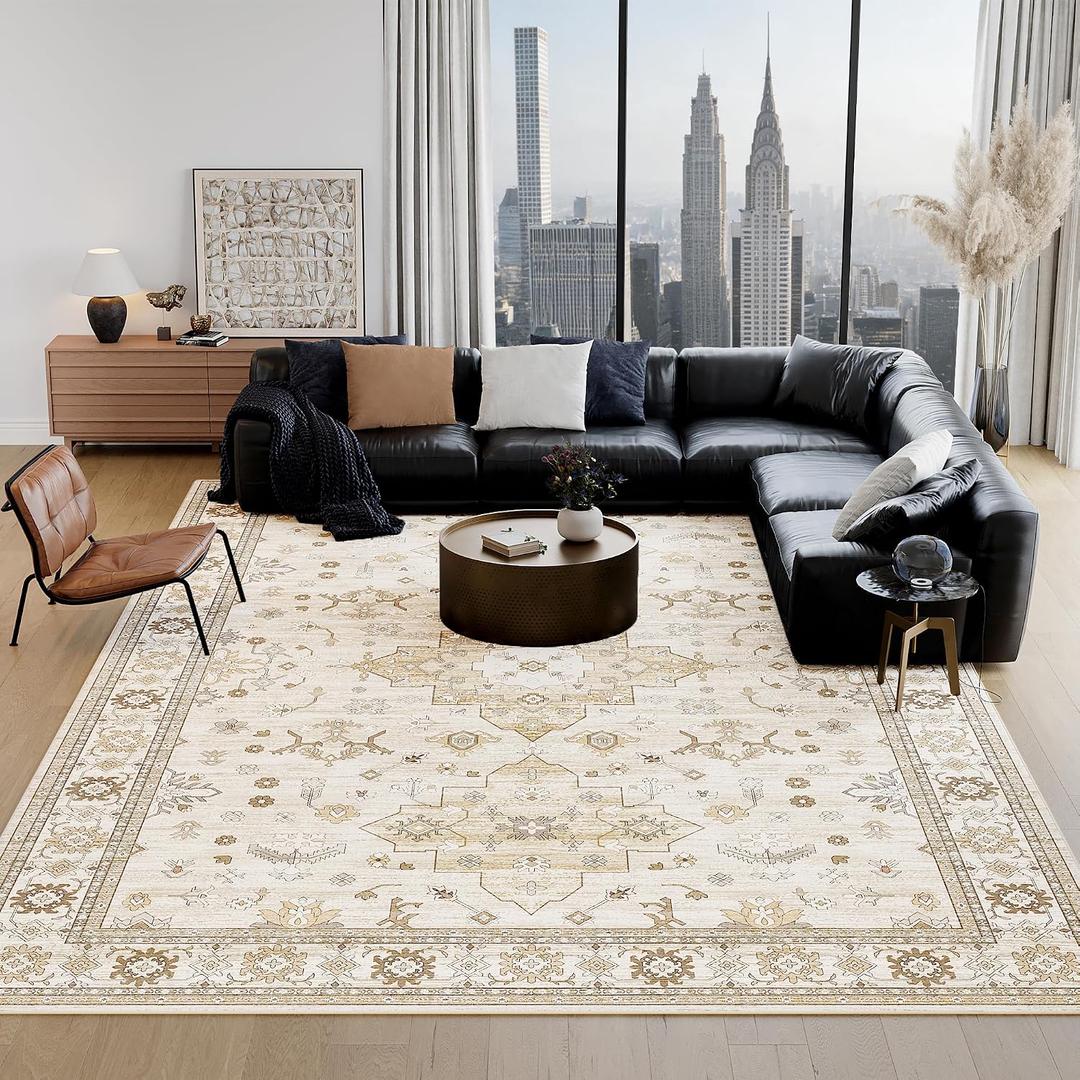 Large Rugs for Living Room, 8x10 Beige Washable Rug for Bedroom, Soft Boho Indoor Carpets, Big Modern Kids Room Rug, Non-Slip Low Pile Mat for Office Home Dining Room Christmas Decor,Beige/Gold