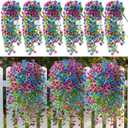 6 Pcs Artificial Fake Hanging Flowers Plants for Outdoor Decoration Faux Silk Long Vine UV Resistant Look Real for Spring Summer Outside Home Porch Patio(Rose Red Blue)
